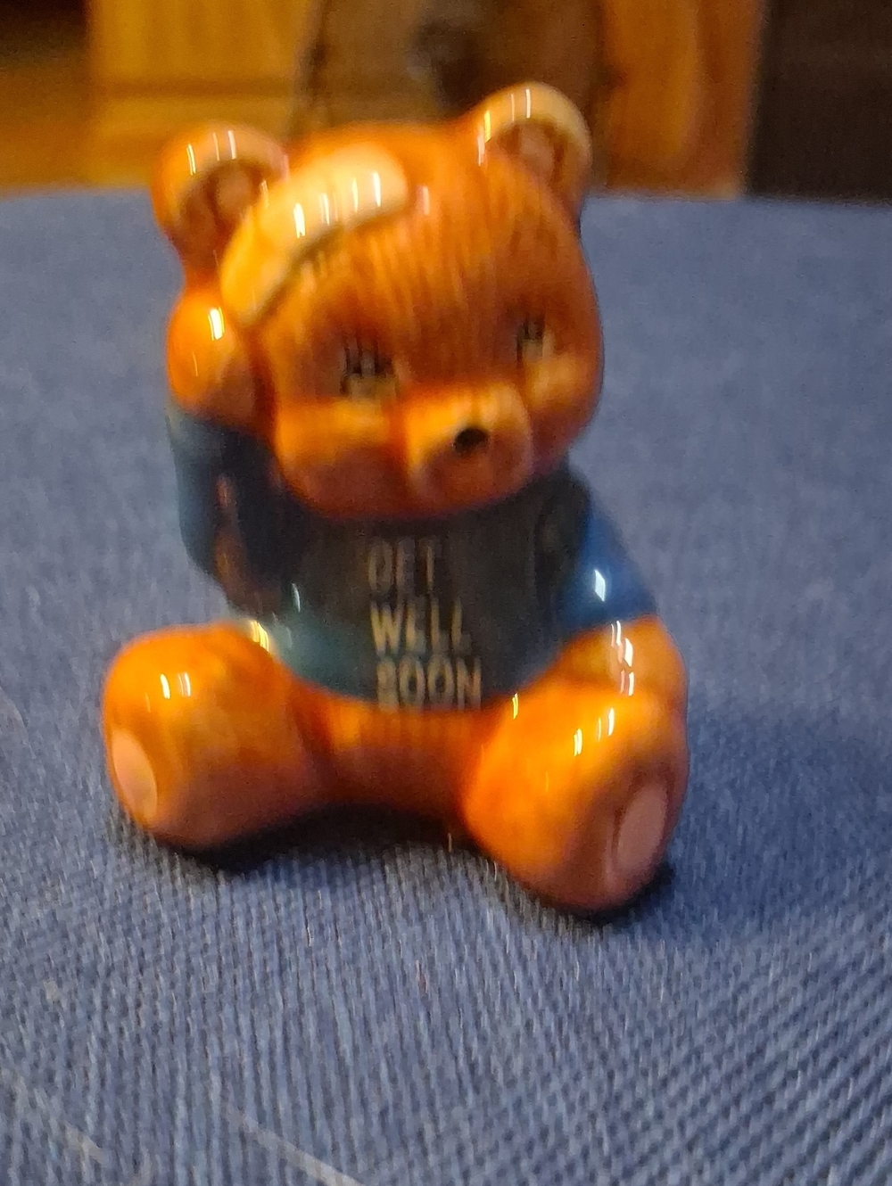 Russ Brown Bear Figurine with Blue 'Get Well Soon' Shirt